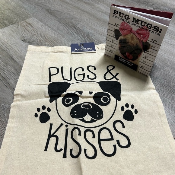 Pugs & Kisses 100% Cotton Tote with Pug Mugs Good Pugs Gone Bad Book NEW - Picture 3 of 9